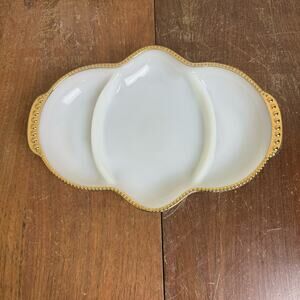 VTG Fire King 3 Section White Gold Trim Dish Anchor Hocking Milk Glass Oven Safe